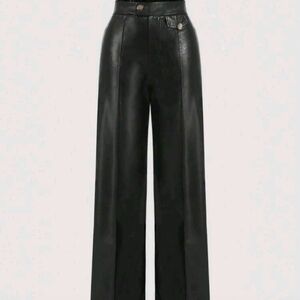 SHEIN MOD Women's Buttoned Black Genuine Leather Wide-Leg Pants, Retro Leather P